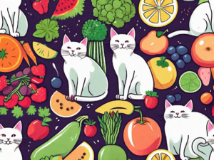 A cat happily munching on various types of colorful fruits and vegetables