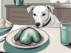 A curious dog sniffing an open abalone shell on a dining table