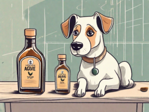 A curious dog looking at a bottle of agave syrup placed on a table