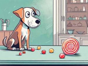 A curious dog looking at an unwrapped airhead candy on a table