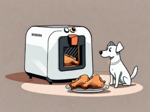 A curious dog sitting next to an air fryer with a piece of chicken inside it