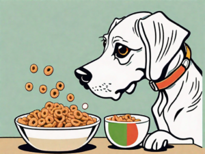 A curious dog sitting next to a bowl of apple jacks cereal