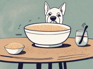 A curious dog looking at a bowl of arroz con leche on a table