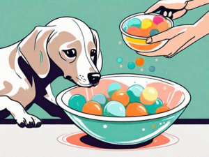 A curious dog sniffing a bowl filled with colorful baby puffs