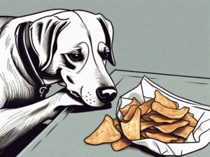 A curious dog sniffing a bag of barbecue chips left unattended on a picnic table