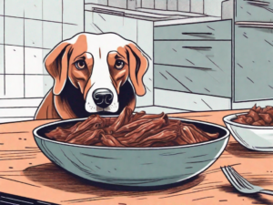 A curious dog sitting in front of a bowl filled with barbacoa