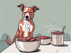 A curious dog sitting next to a bowl filled with birria meat