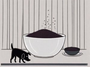 A curious dog sitting beside a bowl of black rice