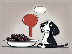 A curious dog looking at a plate of blood sausage