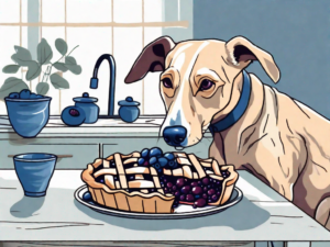 A curious dog sniffing a whole blueberry pie on a kitchen table