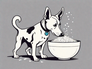 A curious dog sniffing a bowl filled with bonito flakes