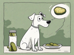 A curious dog sitting in front of a jar of bread and butter pickles on a table