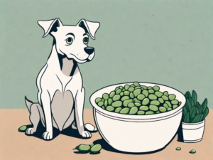 A curious dog looking at a bowl filled with broad beans