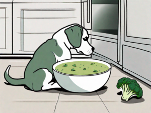 A curious dog looking at a bowl of broccoli cheddar soup placed on the floor