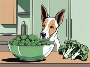 A curious dog looking at a bowl filled with broccoli rabe