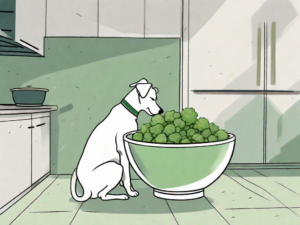 A curious dog sniffing at a bowl of fresh broccoli sprouts on a kitchen floor