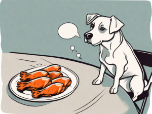 A curious dog looking at a plate of buffalo chicken wings with a question mark above its head