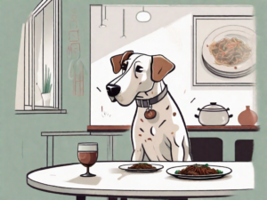 A curious dog sitting at a table with a plate of bulgogi in front of it