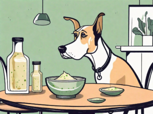 A curious dog looking at a bowl of caesar dressing on the table