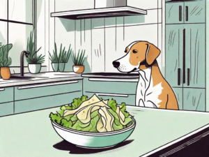 A curious dog sitting next to a bowl of caesar salad