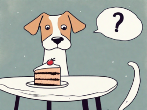 A curious dog looking longingly at a piece of cake with frosting on a table