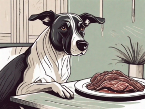 A curious dog sitting in front of a plate of carne asada