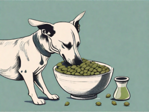 A curious dog sniffing a bowl filled with cardamom pods