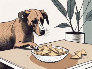 A curious dog sniffing a bowl of cassava chips placed on a table