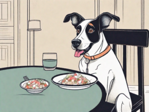 A curious dog sitting at a table with a plate of ceviche