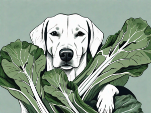 A curious dog sitting next to a pile of fresh chard