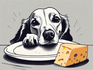 A curious dog sitting next to a piece of cheddar cheese on a plate