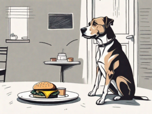 A curious dog sitting in front of a cheeseburger on a plate