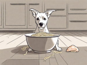 A curious dog looking at a bowl of chicken alfredo pasta placed on the floor