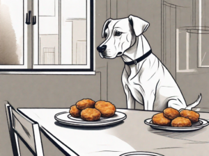 A curious dog sitting next to a table with a plate of chicken patties on it