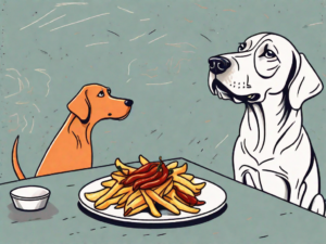 A curious dog sitting in front of a plate of chili cheese fries