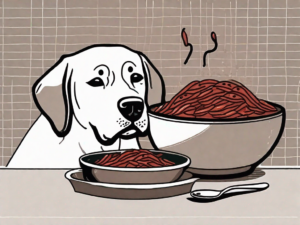 A curious dog looking at a bowl of chili with beans