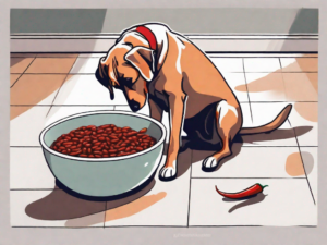 A curious dog looking at a bowl of chili beans placed on the floor