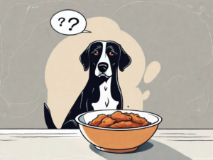 A curious dog sitting in front of a bowl filled with chipotle chicken