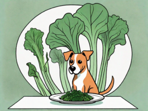 A curious dog sitting in front of a plate of chinese broccoli