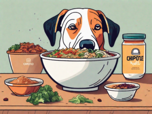 A curious dog looking at a chipotle bowl filled with different ingredients