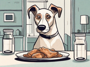 A curious dog looking at a plate of chitlins with a questioning expression