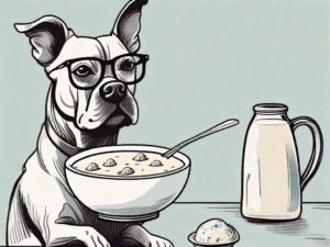 A curious dog sitting next to a bowl of clam chowder