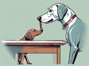 A curious dog sniffing a clif bar that's placed on a table