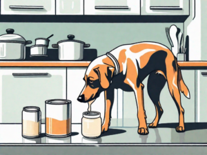 A curious dog sniffing at a can of condensed milk on a kitchen counter