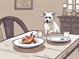 A dog sitting near a table with a plate of coconut shrimp