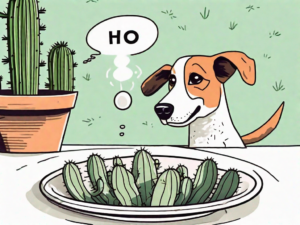 A dog curiously sniffing a cooked cactus on a plate