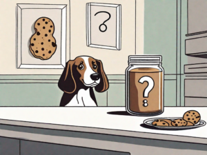 A curious dog eyeing a jar of cookie butter placed on a table