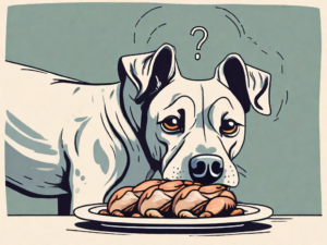 A curious dog looking at a plate with a cooked cornish hen on it