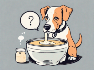 A curious dog sitting next to a bowl filled with cream of chicken soup