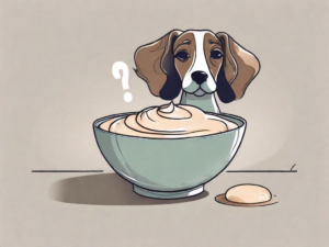 A curious dog sitting next to a bowl of creme patissiere